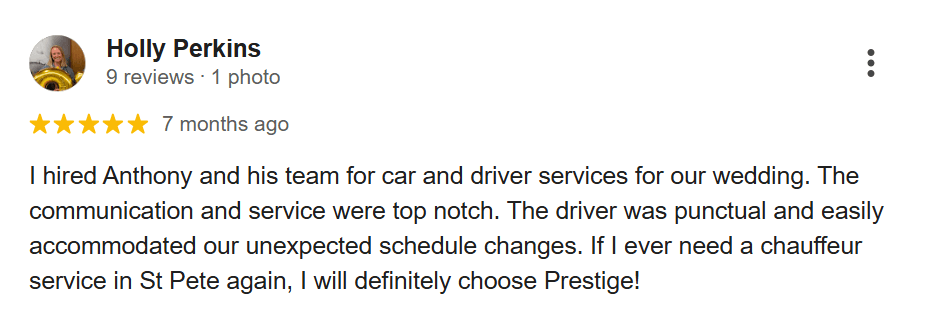 Five-star wedding transportation review from Holly Perkins